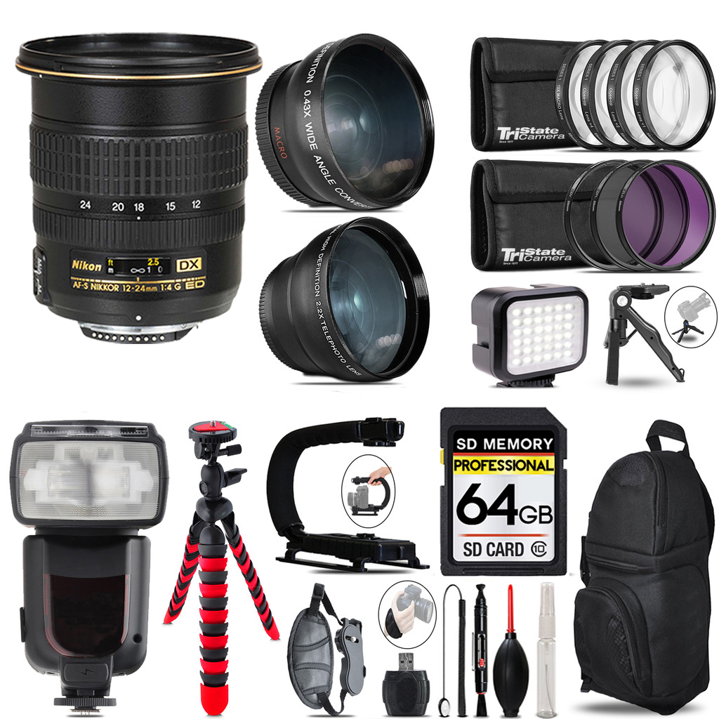 AF-S DX Zoom 12-24mm Lens + Pro Flash + LED Light + Tripod - 64GB Kit *FREE SHIPPING*