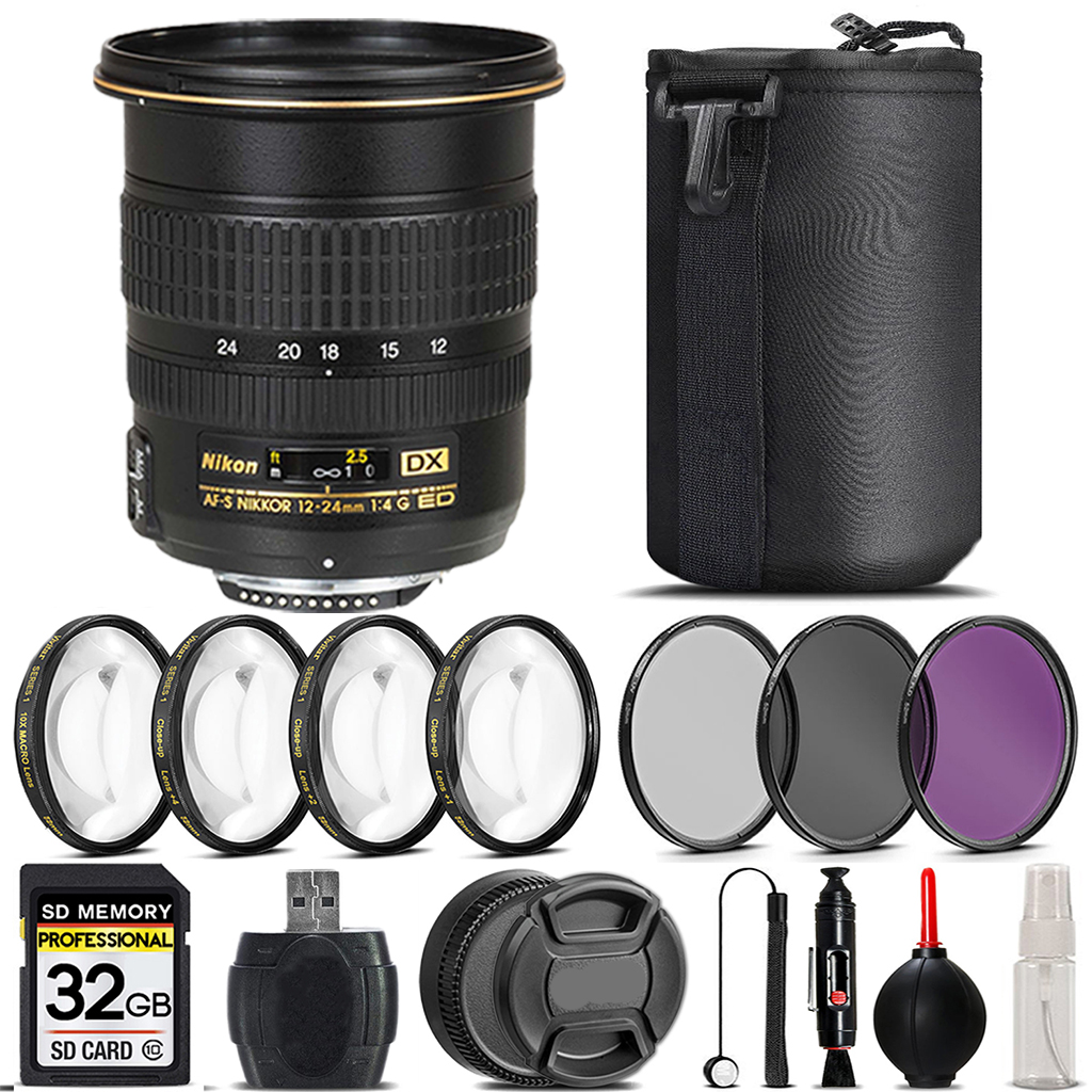 AF-S DX Zoom 12-24mm Lens + 4 Piece Macro Set + UV, CPL, FLD Filter - 32GB *FREE SHIPPING*