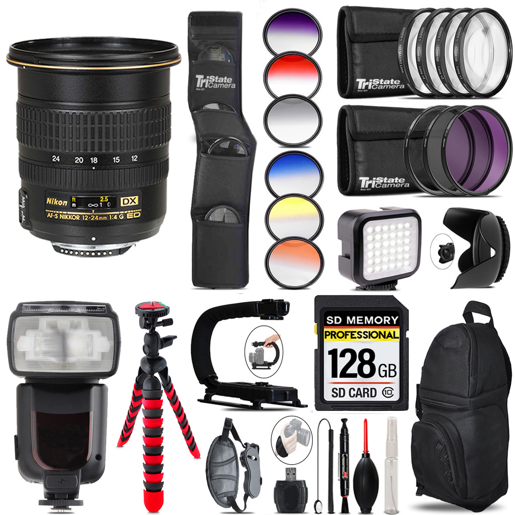 AF-S DX Zoom 12-24mm Lens + Pro Flash LED Light - 128GB Accessory Bundle *FREE SHIPPING*