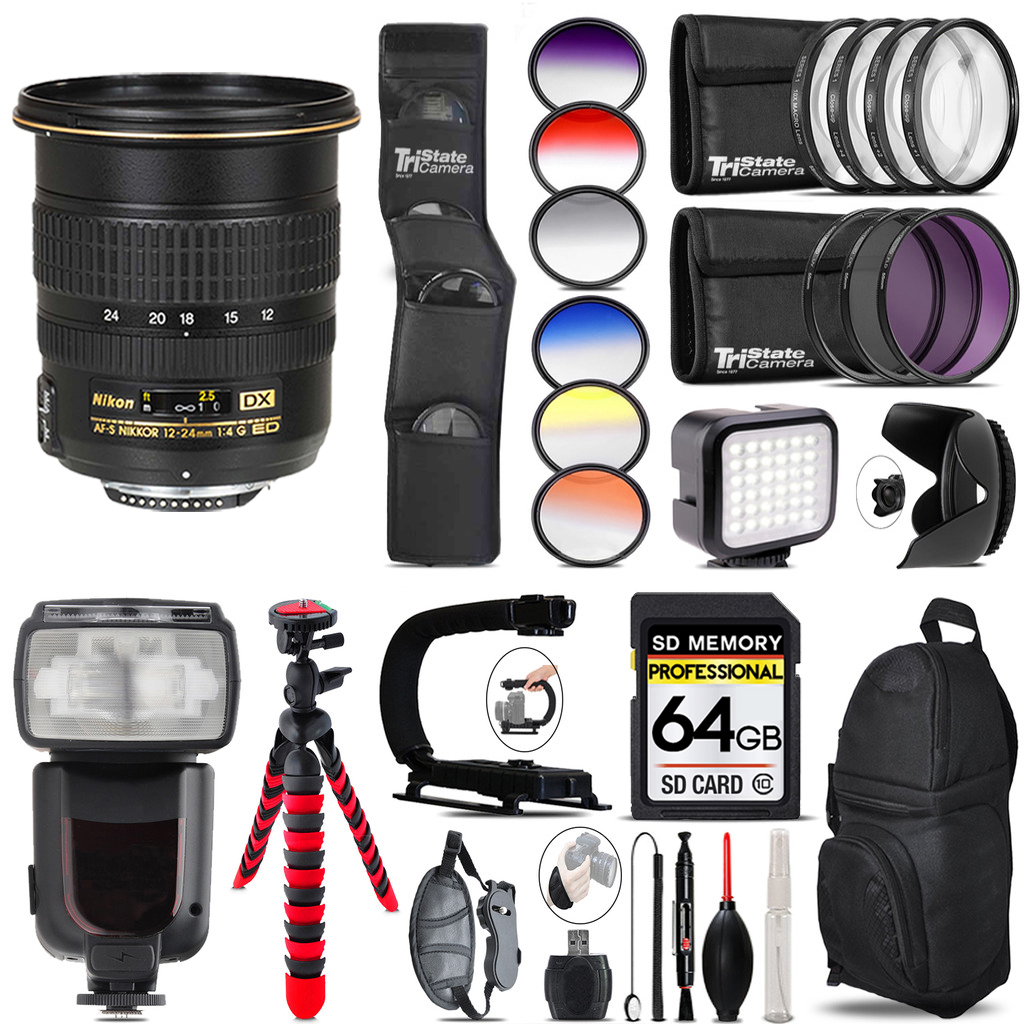 AF-S DX Zoom 12-24mm Lens + Pro Flash + LED Light - 64GB Accessory Bundle *FREE SHIPPING*