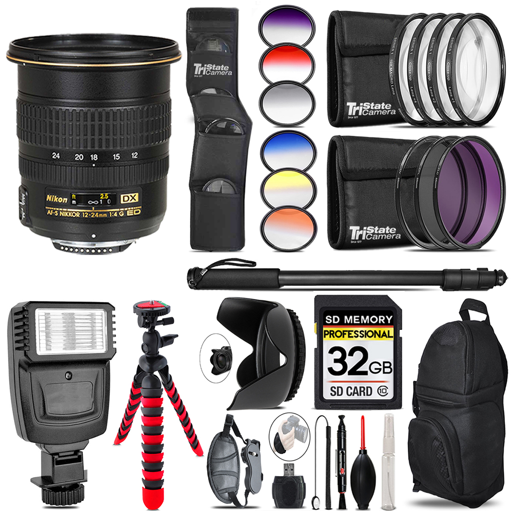 AF-S DX Zoom 12-24mm Lens + Flash + Color Filter Set - 32GB Accessory Kit *FREE SHIPPING*