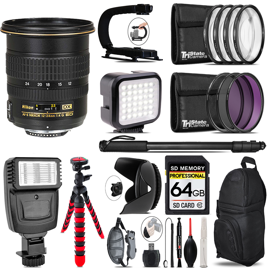 AF-S DX Zoom 12-24mm Lens - Video Kit + Flash - 64GB Accessory Bundle *FREE SHIPPING*