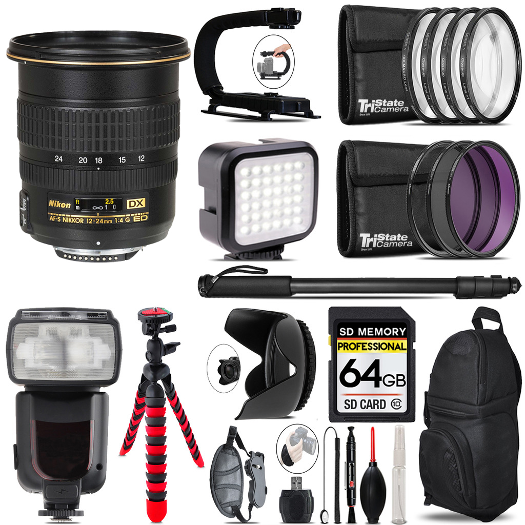 AF-S DX Zoom 12-24mm Lens - Video Kit + Pro Flash - 64GB Accessory Bundle *FREE SHIPPING*