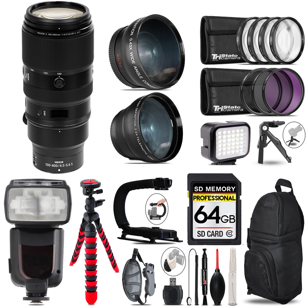 NIKKOR Z 100- 400mm VR S Lens + Pro Flash + LED Light + Tripod - 64GB Kit *FREE SHIPPING*