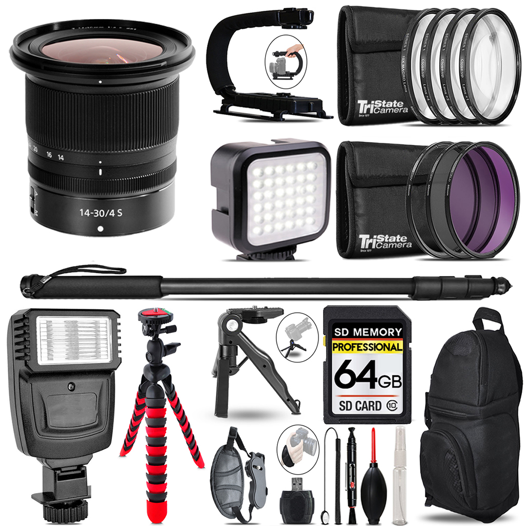 NIKKOR Z 14- 30mm S Lens - Video Kit + Slave Flash + Monopad - 64GB Kit *FREE SHIPPING*