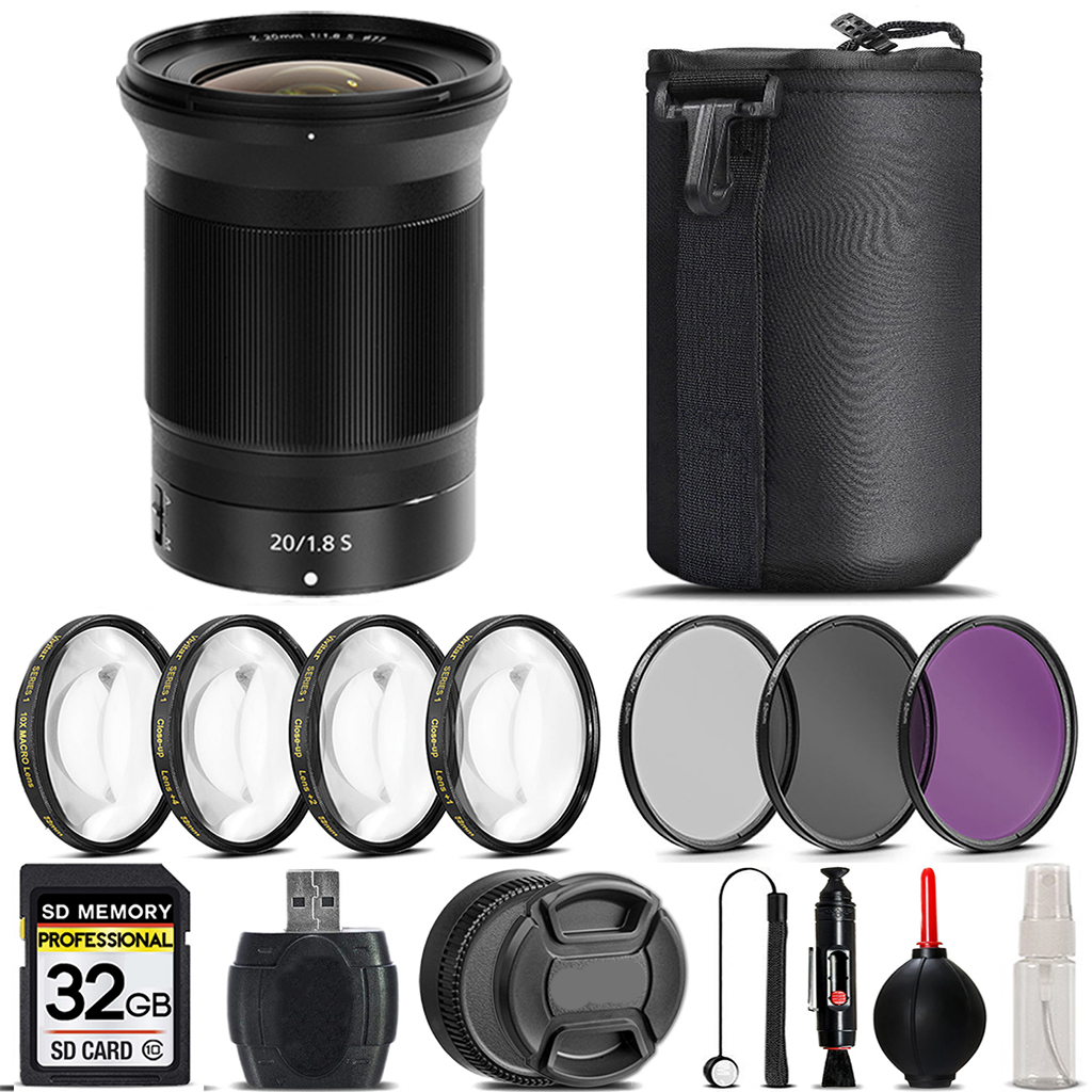 NIKKOR Z 20mm f/1.8 S Lens + 4 Piece Macro Set + UV, CPL, FLD Filter - 32GB *FREE SHIPPING*