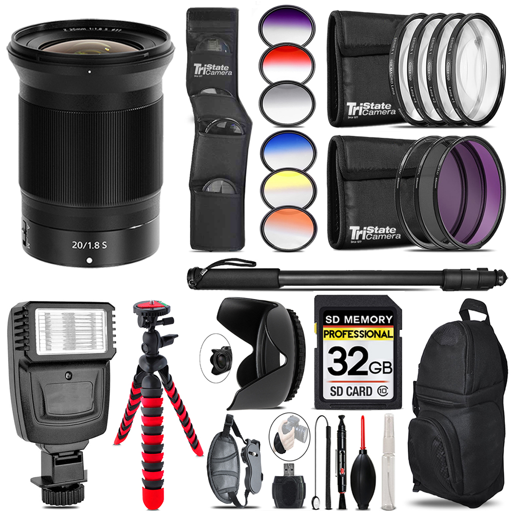 NIKKOR Z 20mm f/1.8 S Lens + Flash + Color Filter Set - 32GB Accessory Kit *FREE SHIPPING*
