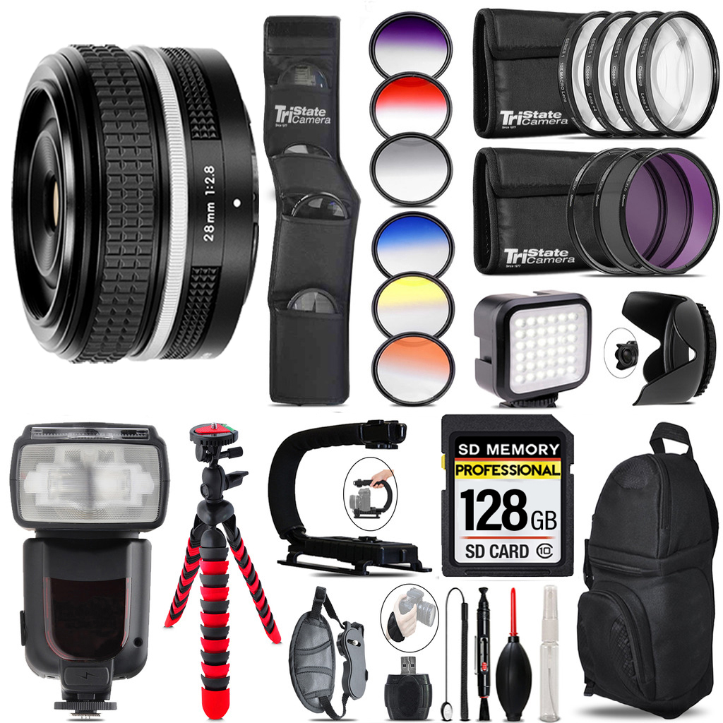 NIKKOR Z 28mm (SE) Lens + Pro Flash LED Light - 128GB Accessory Bundle *FREE SHIPPING*