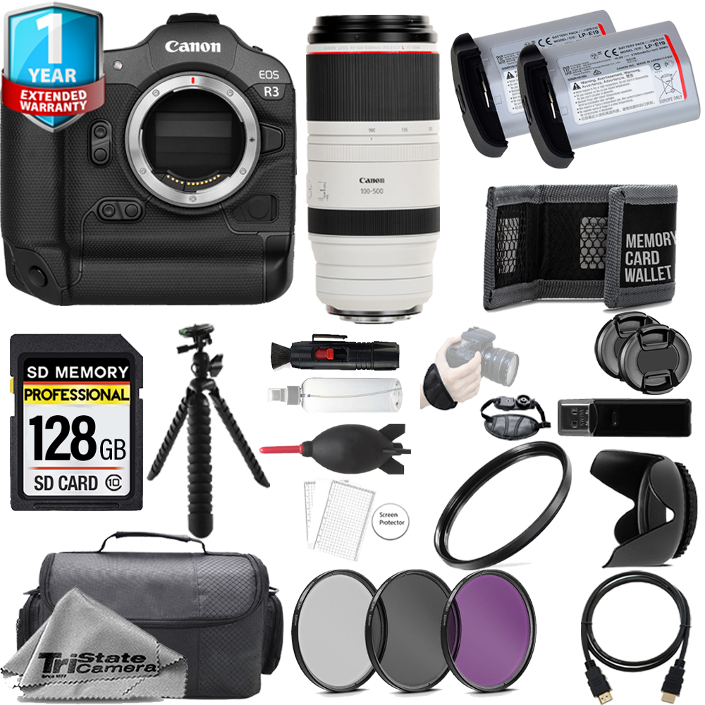 EOS R3 + 100-500mm USM Lens + 128GB + Extra Battery + 3 Piece Filter Set- Kit *FREE SHIPPING*