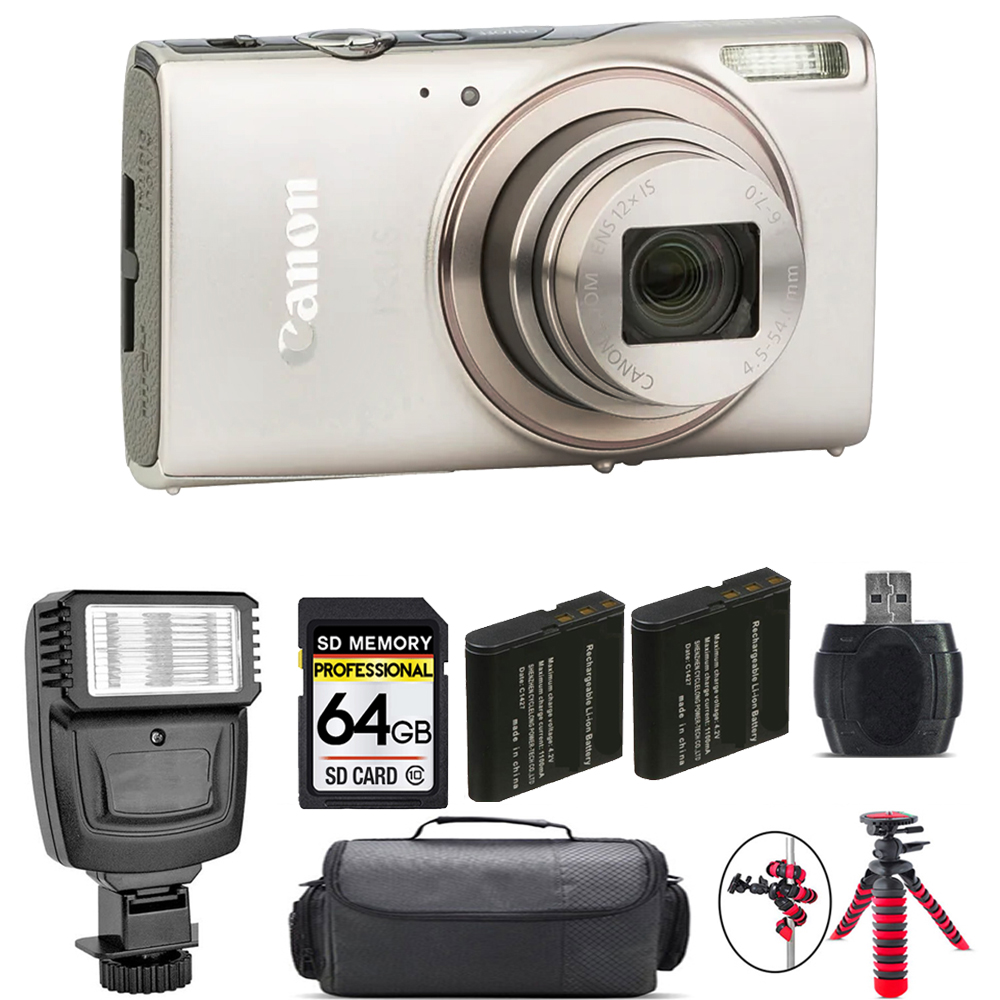 PowerShot IXUS 285 Camera (Silver) + Extra Battery + Flash - 64GB Kit *FREE SHIPPING*