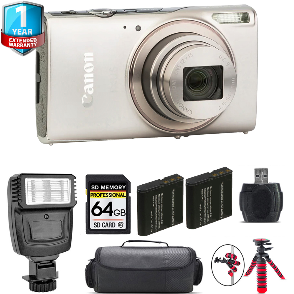PowerShot IXUS 285 Camera (Silver) + 1 Year Extended Warranty + Flash - 64GB Kit *FREE SHIPPING*