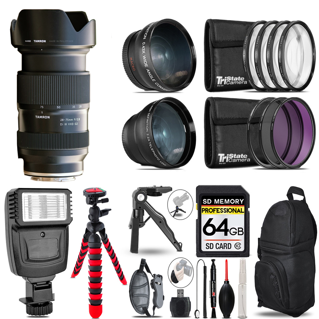 28-75mm Di III VXD G2 Lens (E) 3 Lens Kit + Flash + Tripod - 64GB Kit *FREE SHIPPING*