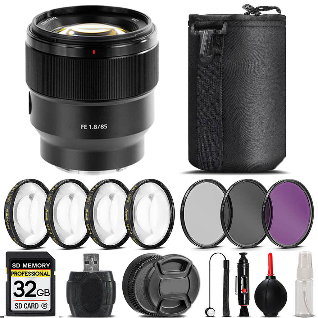 FE 85mm f/1.8 Lens + 4 Piece Macro Kit +UV, CPL, FLD Filter Set - 32GB *FREE SHIPPING*