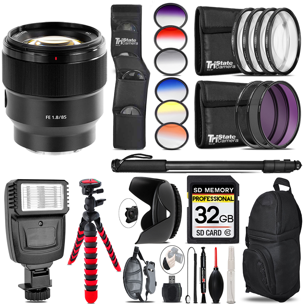 FE 85mm f/1.8 Lens + Flash + Color Filter Set Set - 32GB Kit Kit *FREE SHIPPING*