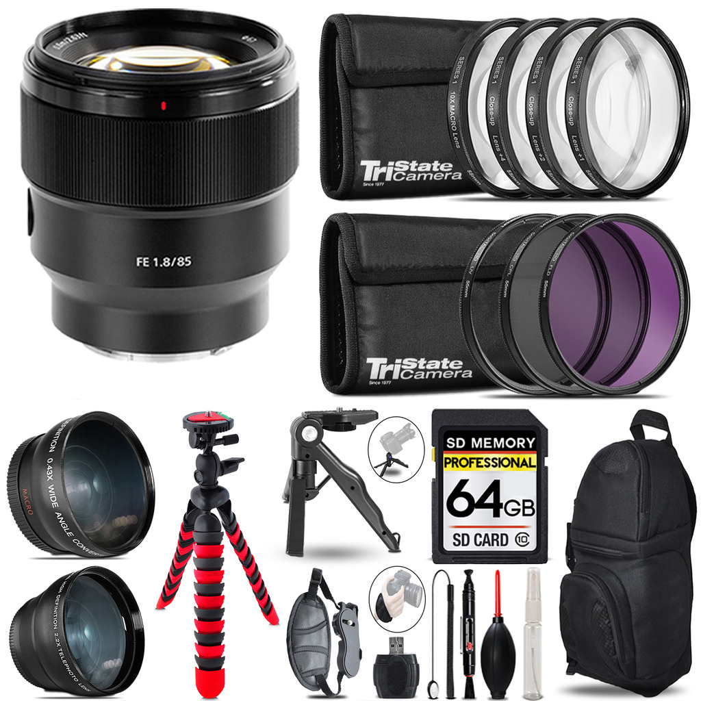 FE 85mm f/1.8 Lens - 3 Lens Kit + Tripod + Backpack - 64GB Kit *FREE SHIPPING*
