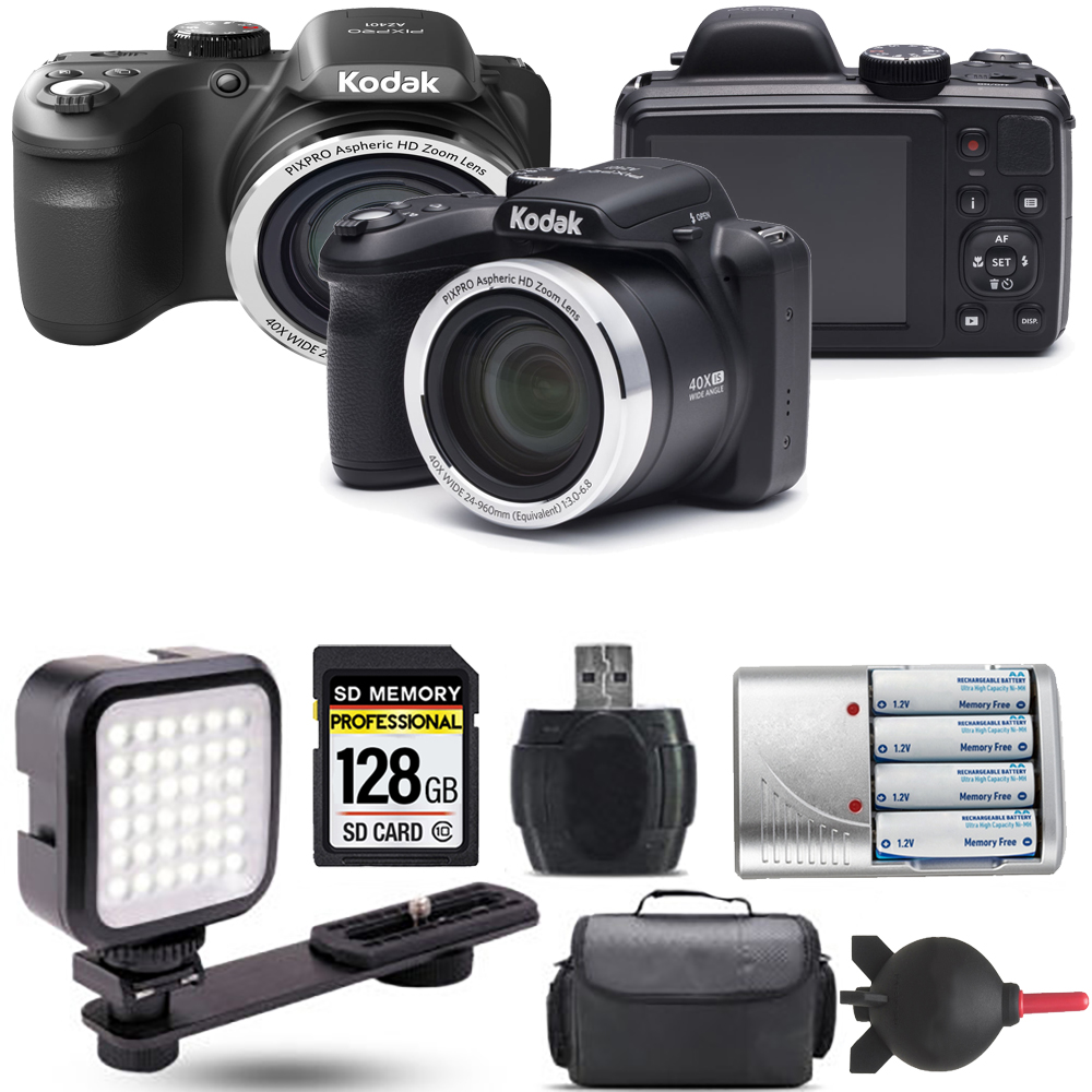 PIXPRO AZ401 Digital Camera (Black) + Extra Battery + LED - 128GB Kit *FREE SHIPPING*