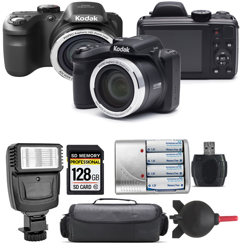 PIXPRO AZ401 Digital Camera (Black) + Extra Battery + Flash - 128GB Kit *FREE SHIPPING*