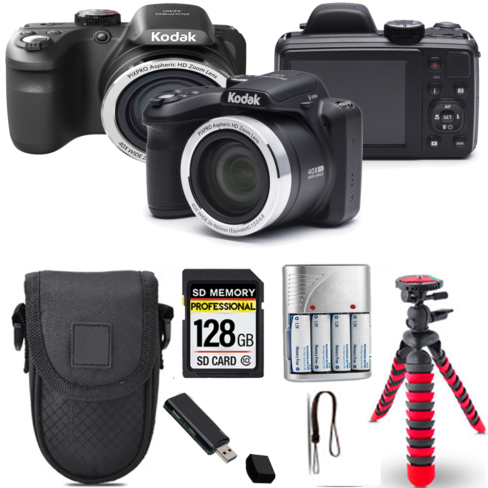 PIXPRO AZ401 Digital Camera (Black) + Spider Tripod + Case - 128GB Kit *FREE SHIPPING*