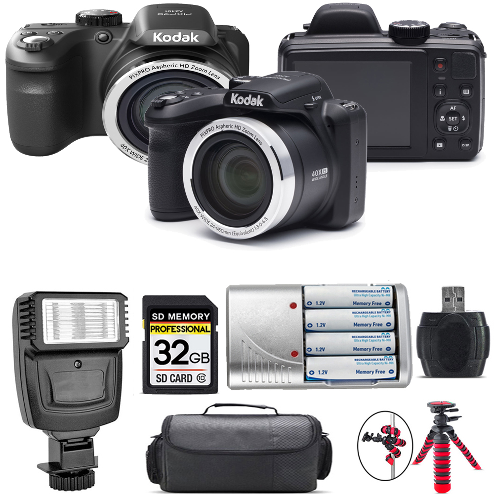 PIXPRO AZ401 Digital Camera (Black) + Extra Battery + Flash - 32GB Kit *FREE SHIPPING*