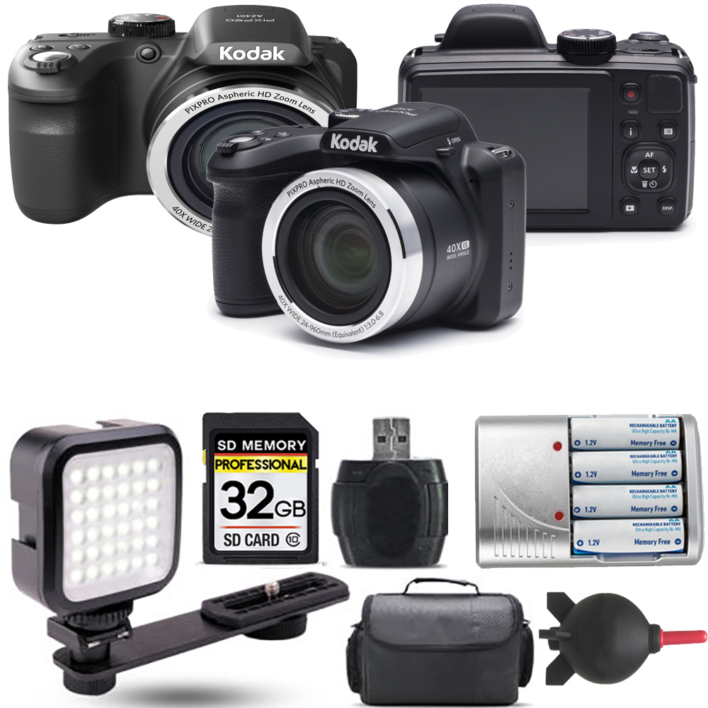 PIXPRO AZ401 Digital Camera (Black) + Extra Battery + LED - 32GB Kit *FREE SHIPPING*