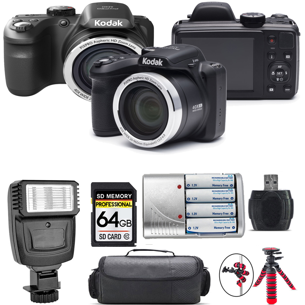 PIXPRO AZ401 Digital Camera (Black) + Extra Battery + Flash - 64GB Kit *FREE SHIPPING*