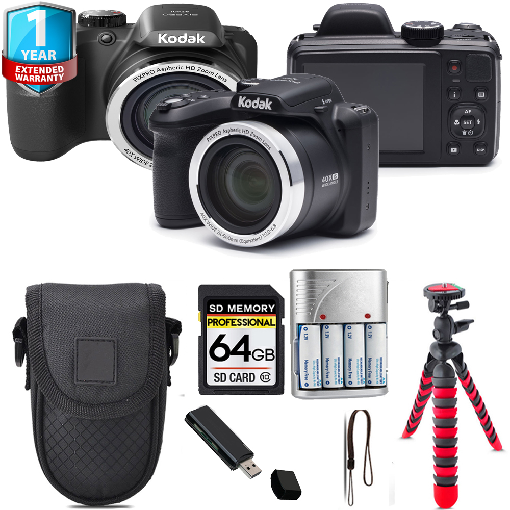 PIXPRO AZ401 Digital Camera (Black) + Tripod + 1 Year Extended Warranty  - 64GB Kit *FREE SHIPPING*