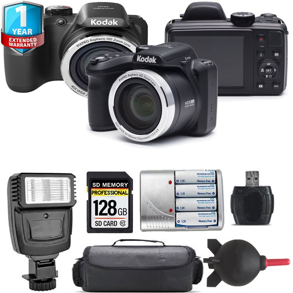 PIXPRO AZ401 Digital Camera (Black) + Extra Battery + Flash + 1 Year Extended Warranty *FREE SHIPPING*