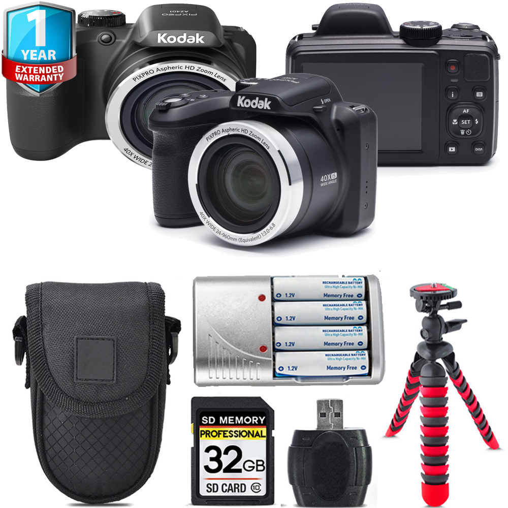 PIXPRO AZ401 Digital Camera (Black) + 1 Year Extended Warranty  + Tripod + Case - 32GB *FREE SHIPPING*