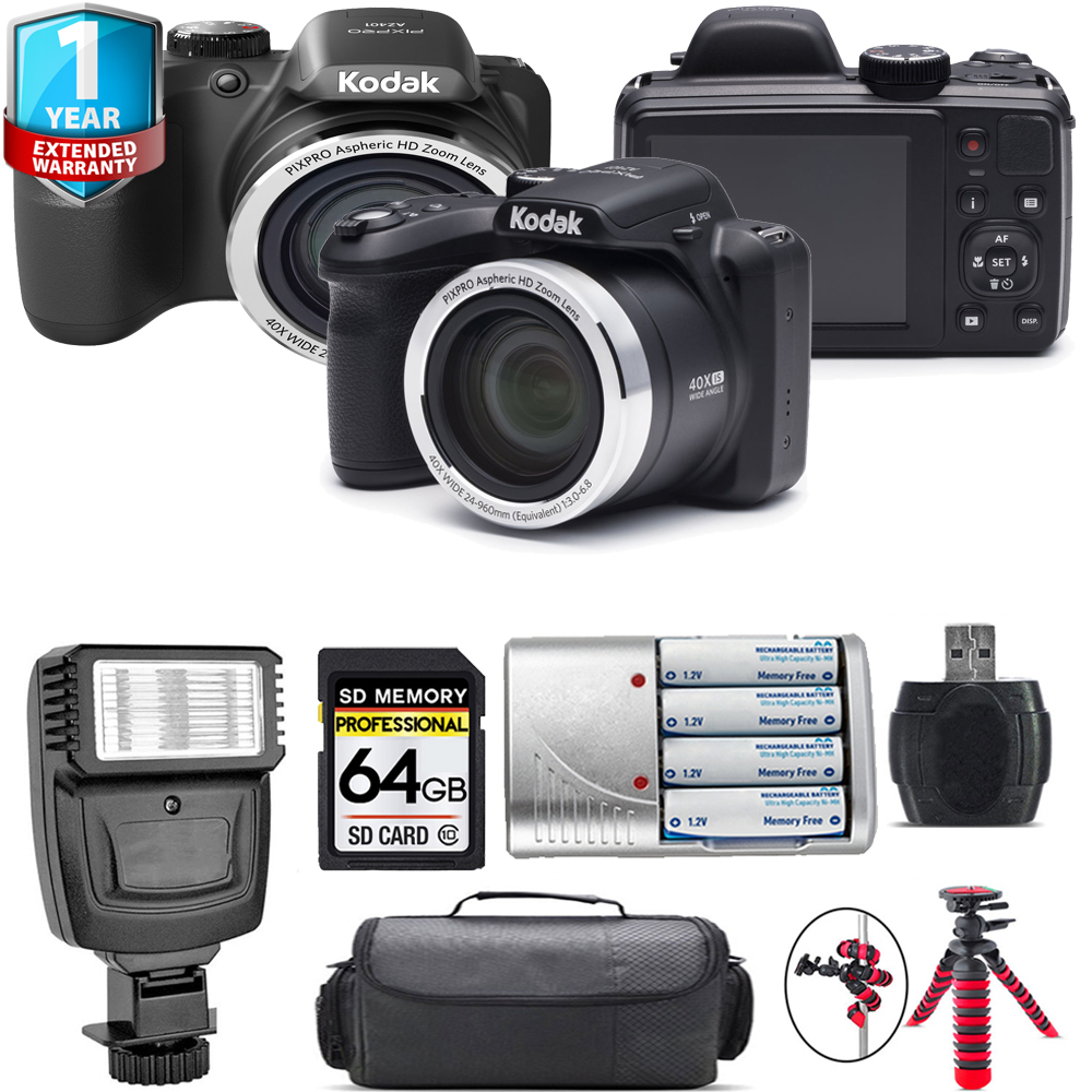 PIXPRO AZ401 Digital Camera (Black) + 1 Year Extended Warranty  + Flash - 64GB Kit *FREE SHIPPING*