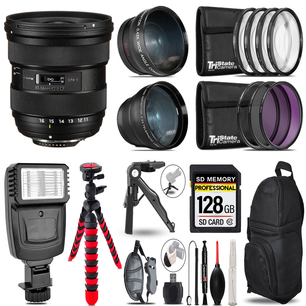 atx-i 11-16mm CF Lens Nikon -3 Lens Kit + Slave Flash +Tripod - 128GB Kit *FREE SHIPPING*