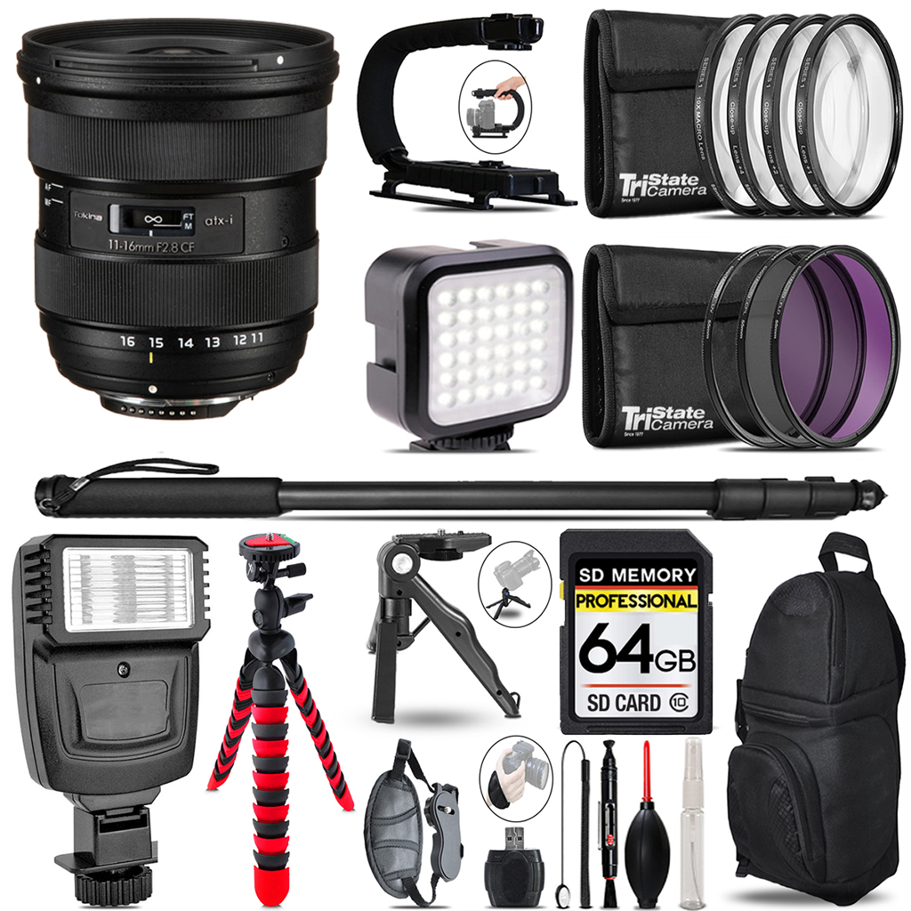 atx-i 11-16mm CF Lens Nikon - Video Kit + Slave Flash +Monopad - 64GB Kit *FREE SHIPPING*