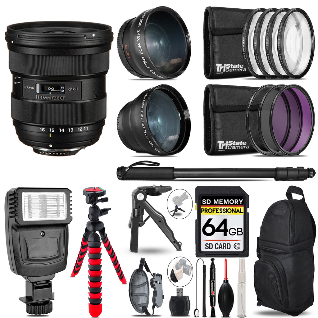 atx-i 11-16mm CF Lens Nikon -3 Lens Kit + Slave Flash + Tripod - 64GB Kit *FREE SHIPPING*