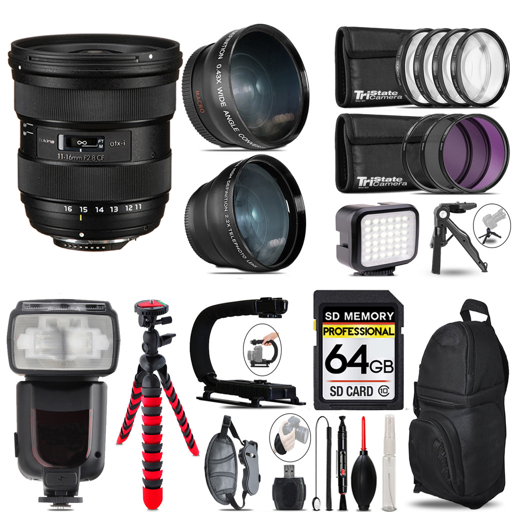 atx-i 11-16mm CF Lens Nikon + Pro Flash + LED Light + Tripod - 64GB Kit *FREE SHIPPING*