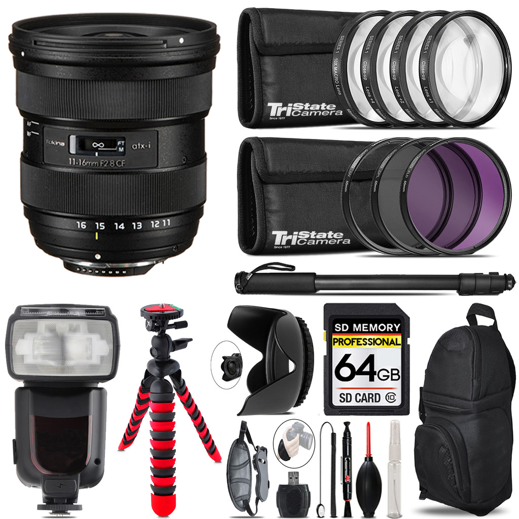 atx-i 11-16mm CF Lens Nikon + Professional Flash+ 64GB Accessory Kit *FREE SHIPPING*