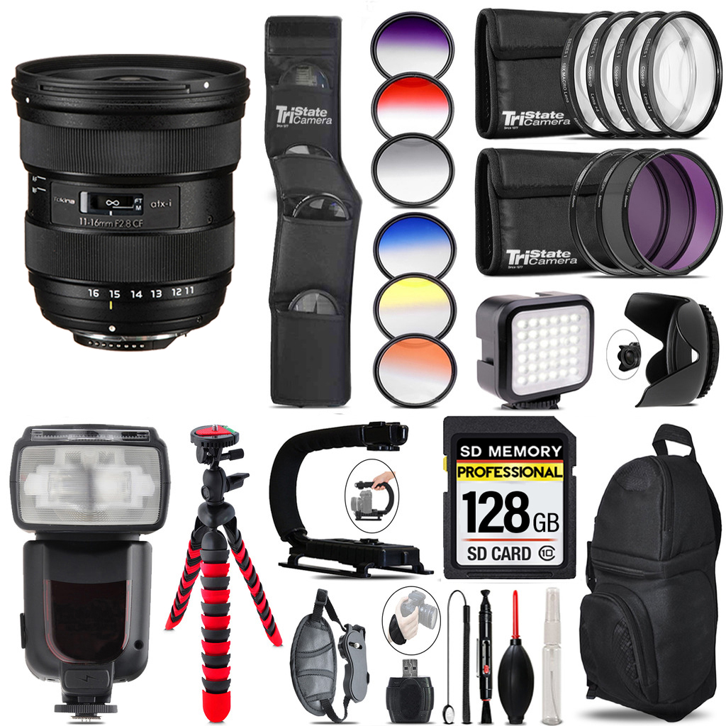 atx-i 11-16mm CF Lens Nikon + Pro Flash  LED Light -128GB Kit Bundle *FREE SHIPPING*