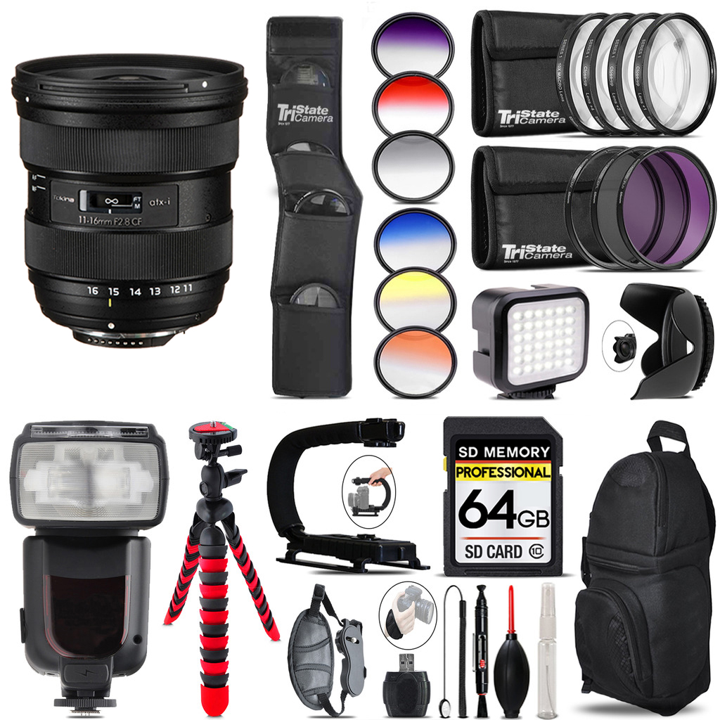 atx-i 11-16mm CF Lens Nikon + Pro Flash + LED Light -64GB Kit Bundle *FREE SHIPPING*