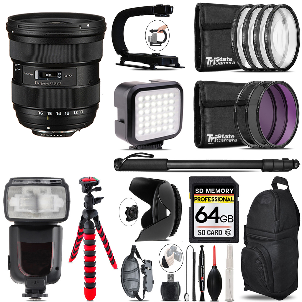 atx-i 11-16mm CF Lens Nikon - Video Kit + Pro Flash -64GB Kit Bundle *FREE SHIPPING*
