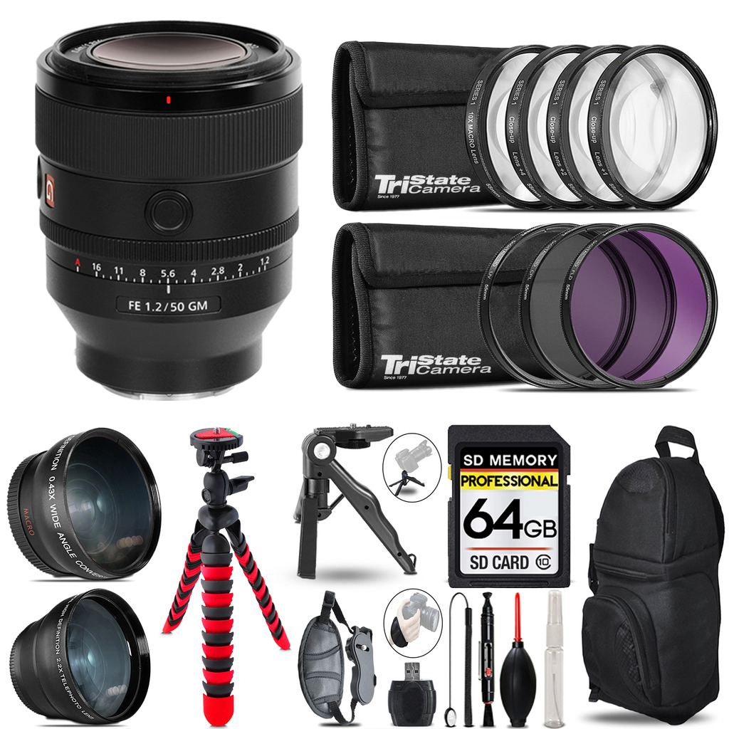 FE 50mm f/1.2 GM Lens (Sony E) - 3 Lens Kit + Tripod +Backpack -64GB Kit *FREE SHIPPING*