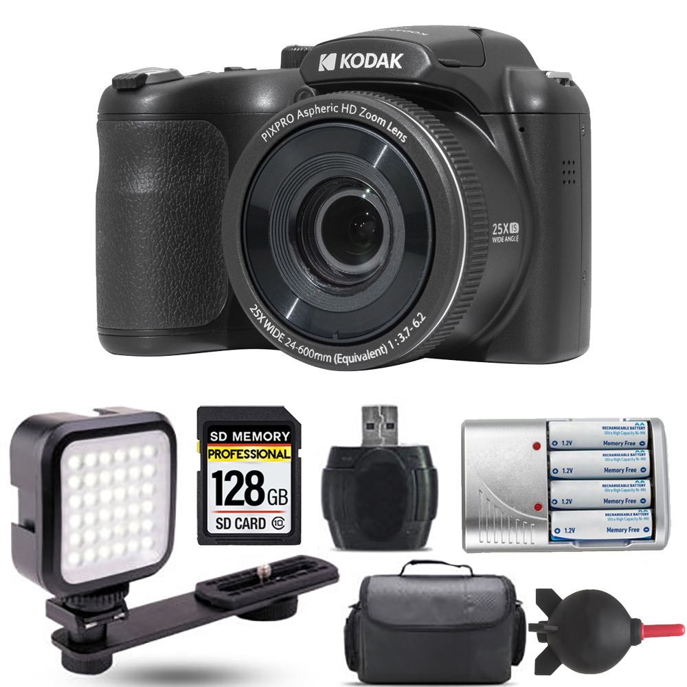 PIXPRO AZ255 Digital Camera (Black) + Extra Battery + LED - 128GB Kit *FREE SHIPPING*