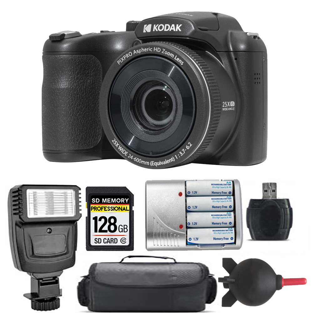 PIXPRO AZ255 Digital Camera (Black) + Extra Battery + Flash - 128GB Kit *FREE SHIPPING*