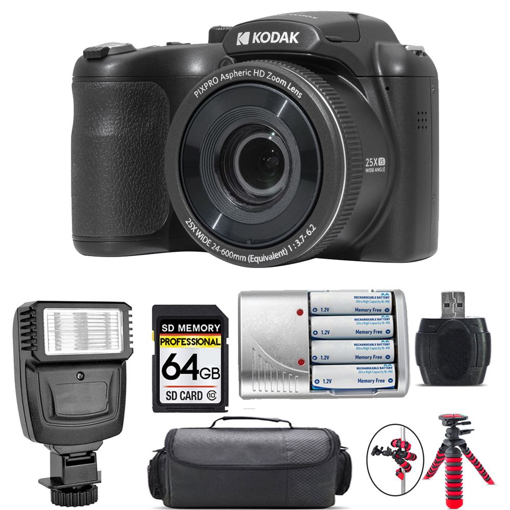 PIXPRO AZ255 Digital Camera (Black) + Extra Battery + Flash - 64GB Kit *FREE SHIPPING*