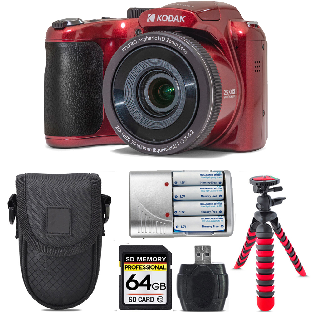 PIXPRO AZ255 Digital Camera (Red) + Extra Battery +Tripod  + 64GB Kit *FREE SHIPPING*