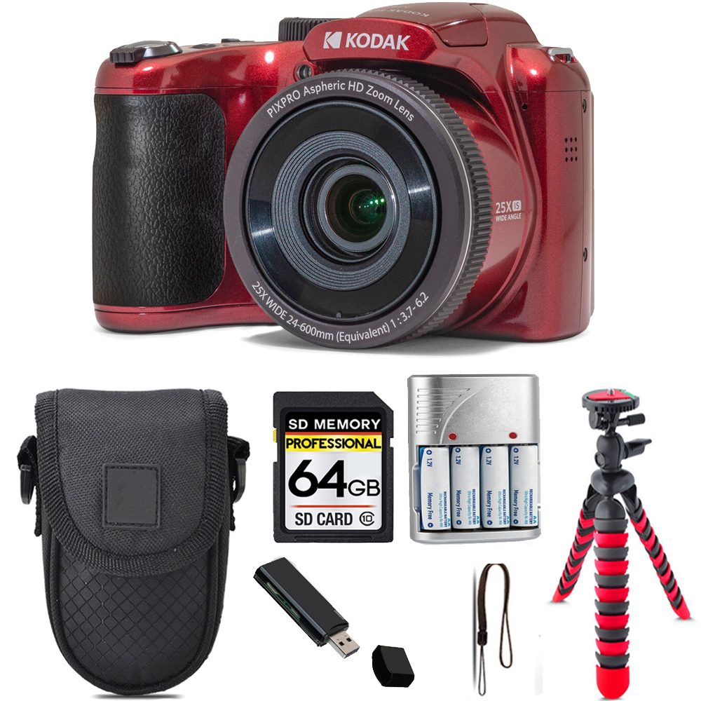PIXPRO AZ255 Digital Camera (Red) + Tripod + Case - 64GB Kit *FREE SHIPPING*