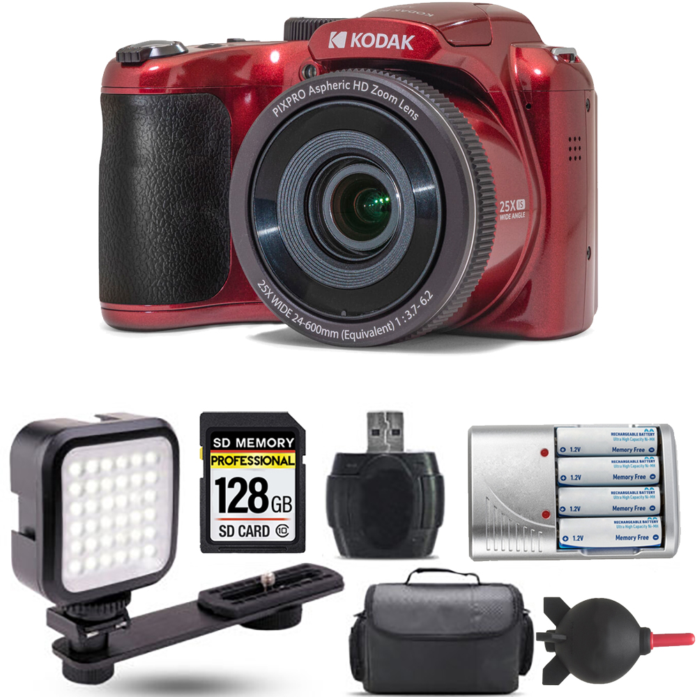 PIXPRO AZ255 Digital Camera (Red) + Extra Battery + LED - 128GB Kit *FREE SHIPPING*