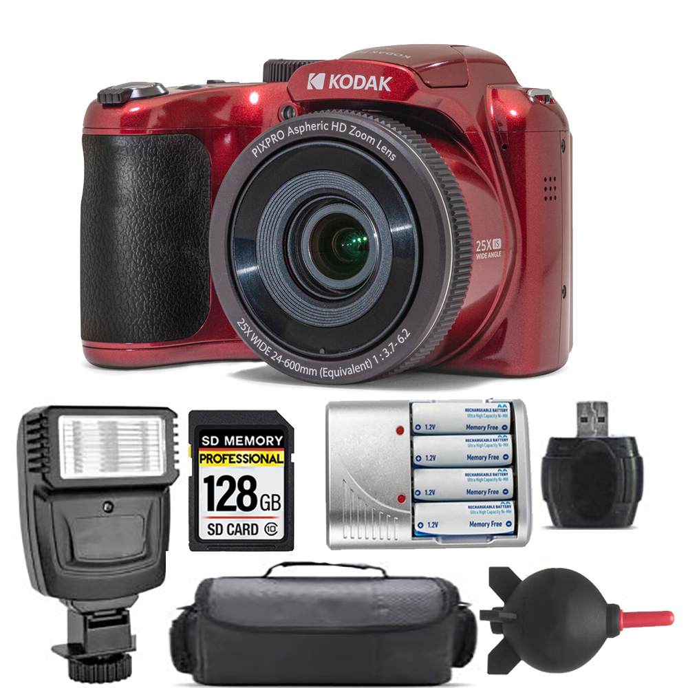PIXPRO AZ255 Digital Camera (Red) + Extra Battery + Flash - 128GB Kit *FREE SHIPPING*