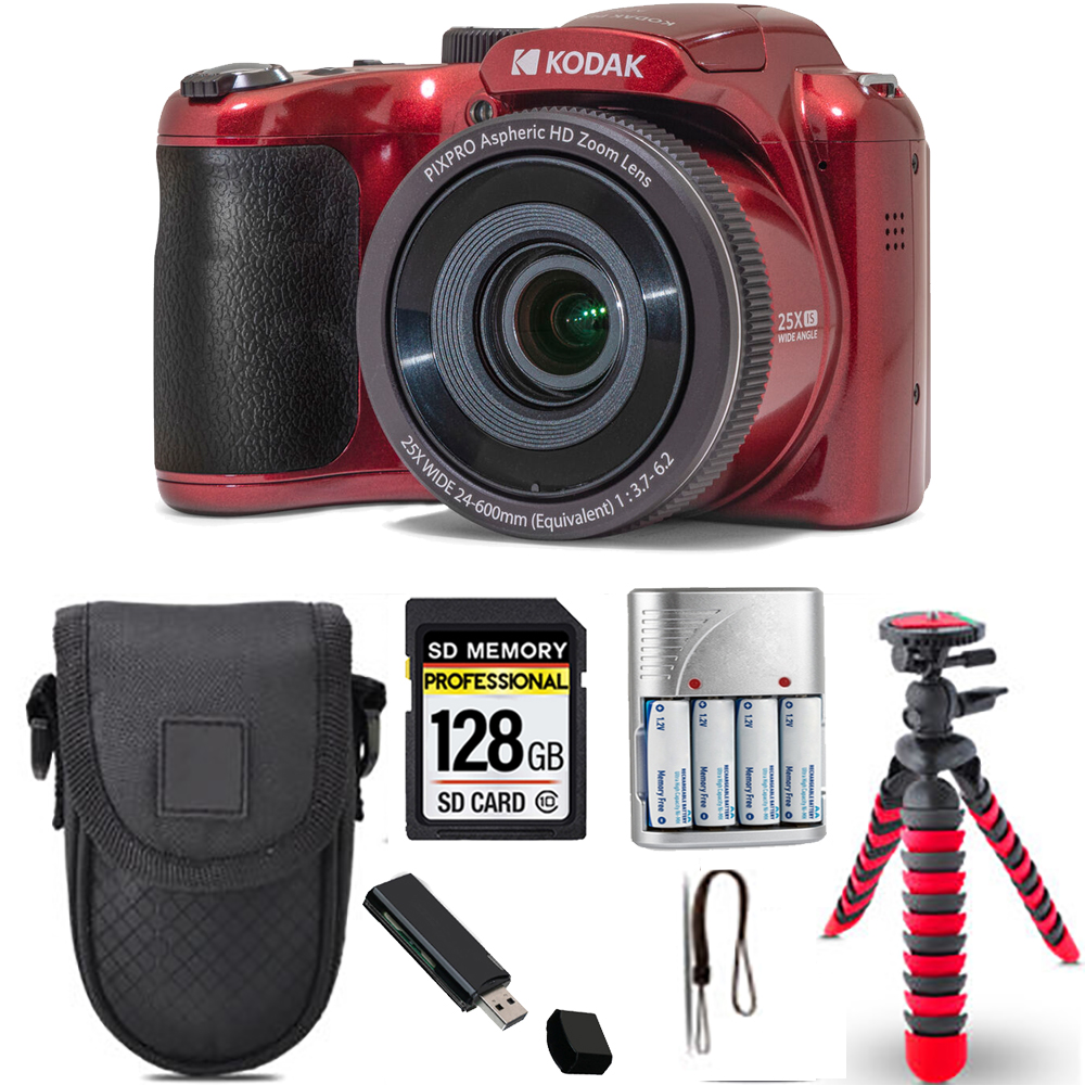PIXPRO AZ255 Digital Camera (Red)+ Spider Tripod + Case - 128GB Kit *FREE SHIPPING*