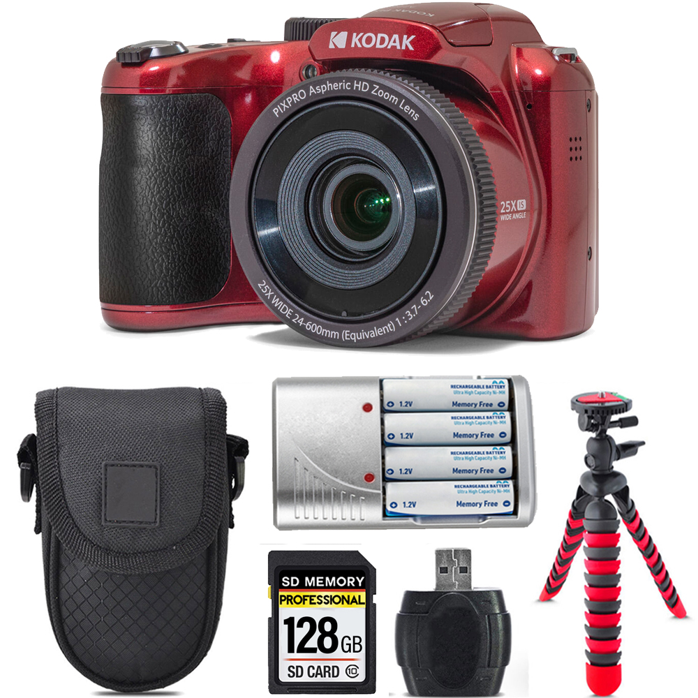 PIXPRO AZ255 Digital Camera (Red) +Extra Battery +Tripod +Case -128GB Kit *FREE SHIPPING*