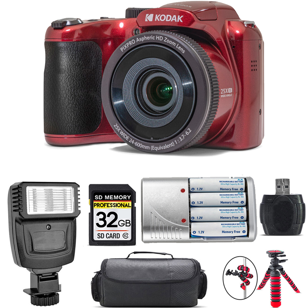 PIXPRO AZ255 Digital Camera (Red) + Extra Battery + Flash - 32GB Kit *FREE SHIPPING*