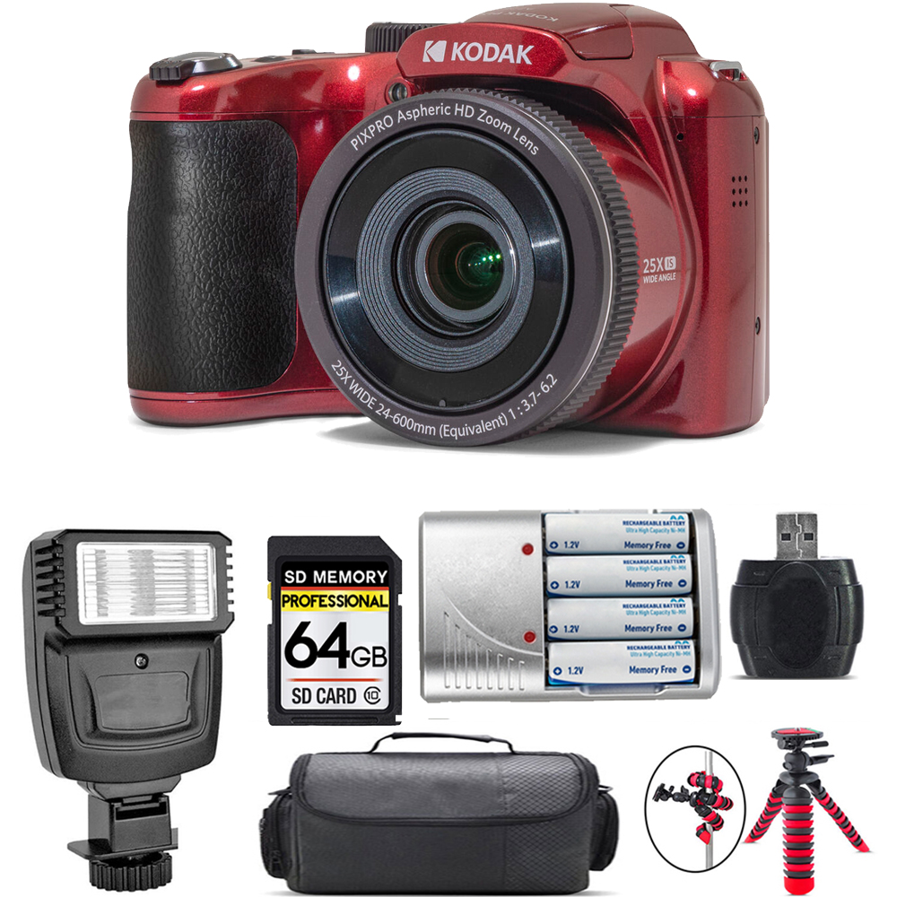 PIXPRO AZ255 Digital Camera (Red) + Extra Battery + Flash - 64GB Kit *FREE SHIPPING*