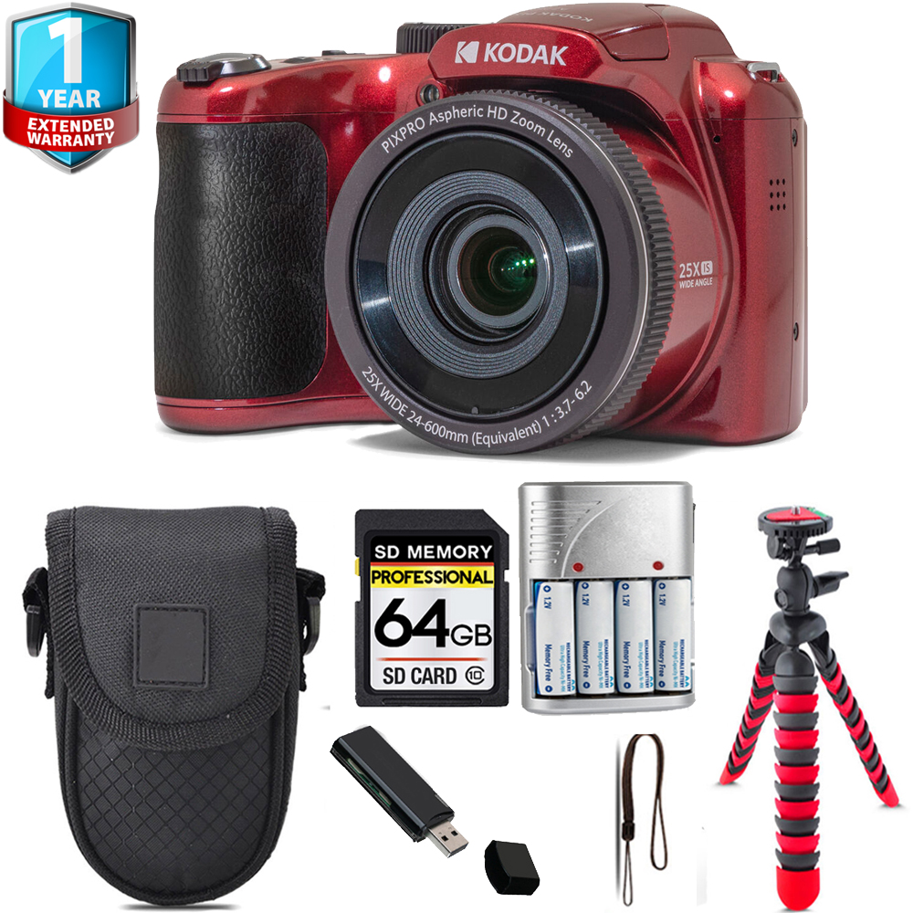 PIXPRO AZ255 Digital Camera (Red) + Tripod + 1 Yr Warranty - 64GB Kit *FREE SHIPPING*
